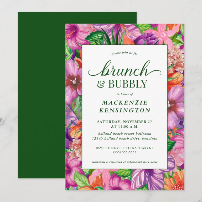 Grönt för tropisk Blommigt Brunch BubLY Shower Inbjudningar (Fram/baksida)