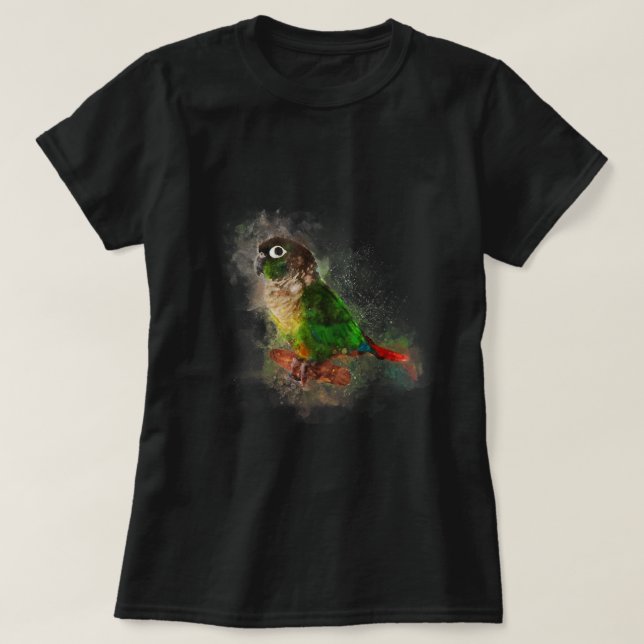 Grönt för vattenfärg Cheek Conure Parrot T Shirt (Design framsida)