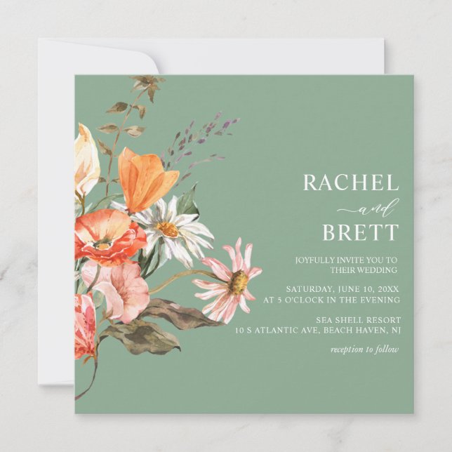 Grönt för vattenfärg Coral Rosa Blommigt Bröllop Inbjudningar (Framsida)