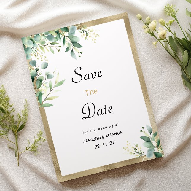 Grönt för vattenfärg, rustik eukalyptus Spara datu Inbjudningar (Watercolor rustic eucalyptus green Save The Date)
