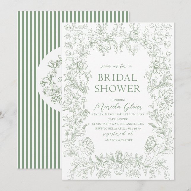 Grönt för vattenfärgen elegant blommigt chinoiseri inbjudningar (Fram/baksida)