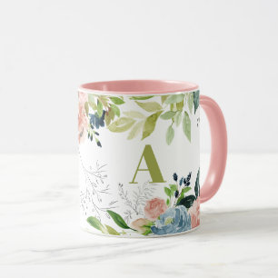 Grönt för vattenfärgsklassi blommigt elegant monog mugg