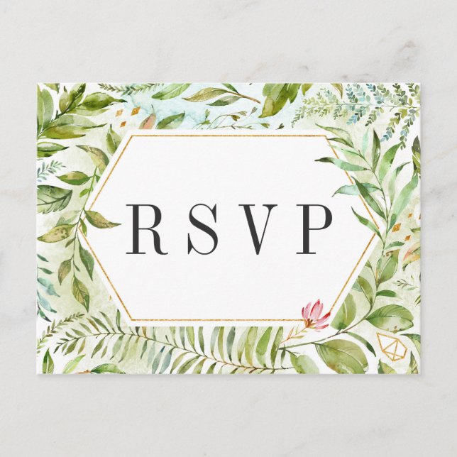 Grönt  för vattenfärgsVild Blommigt  Foliage Bröll Inbjudan Vykort (Framsida)
