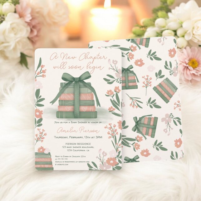 Grönt för visuell skanning Nytt kapitel Bokar Baby Inbjudningar (Whimsical Sage green New Chapter Books Baby Shower Invitation)