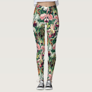 Grönt för vit Rosa Gult Orchid Mönster Leggings