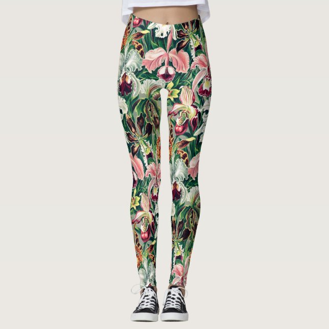 Grönt för vit Rosa Gult Orchid Mönster Leggings (Framsida)