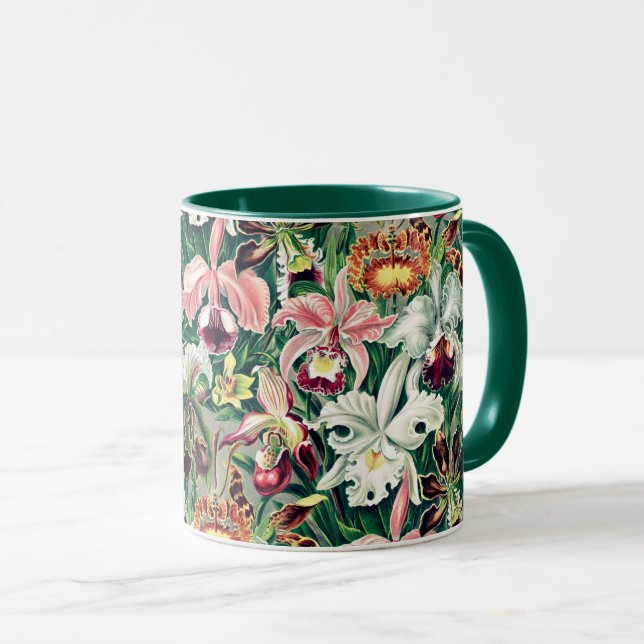 Grönt för vit Rosa Gult Orchid Mönster Mugg (Framsida höger)
