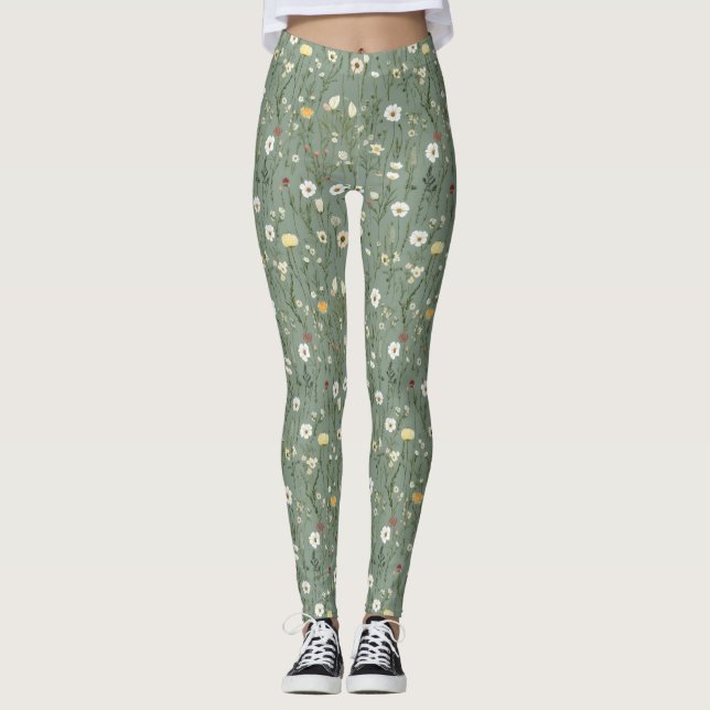Grönt för Wildblomsterskiva Sage Blommigt Leggings (Framsida)