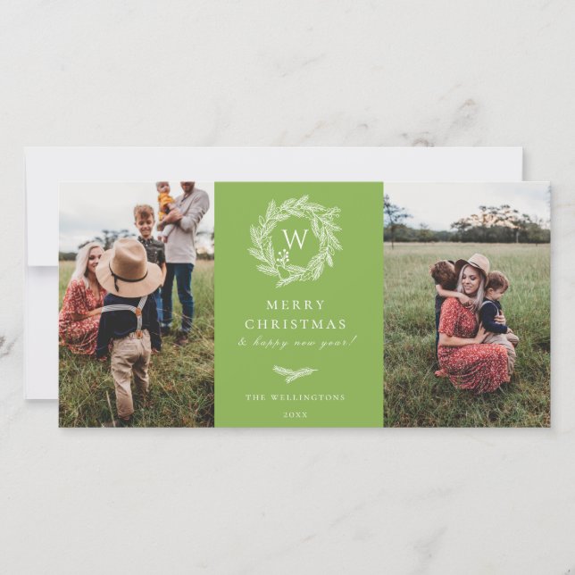 Grönt för Winter Winterand Monogram Helgdag 2-foto Julkort (Framsida)
