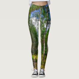 Grönt Forest Birch Träd Natur Himmel Landskap Leggings