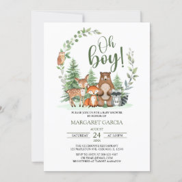 Grönt Forest Oh Boy Woodland Animals Baby Shower Inbjudningar