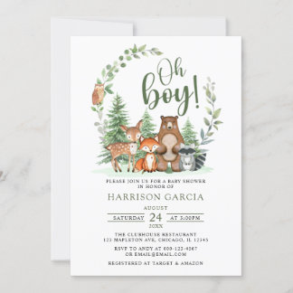 Grönt Forest Oh Boy Woodland Animals Baby Shower Inbjudningar