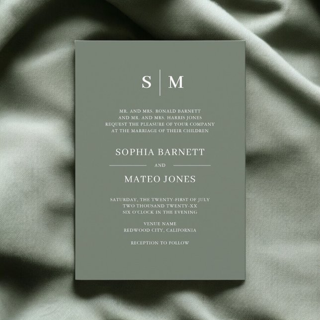 Grönt - formellt Monogram Elegant bröllop Inbjudningar (Skapare uppladdad)