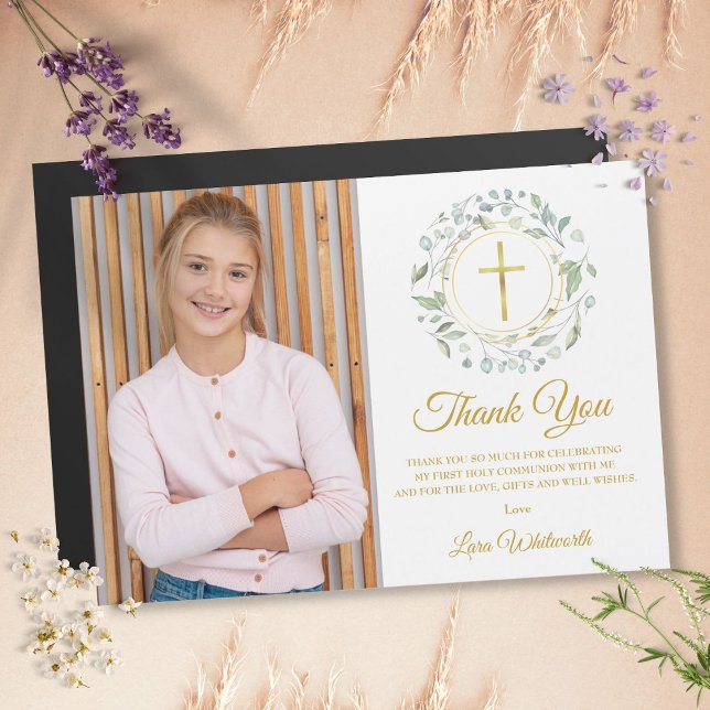 Grönt första heliga kommunion Foto Tack (Greenery First Holy Communion Photo Thank You)