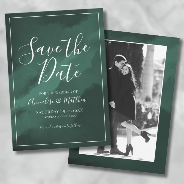 Grönt Foto Bröllop Spara Datumet Inbjudningar (Elegant Script Green Wedding Save the Date Invitation)