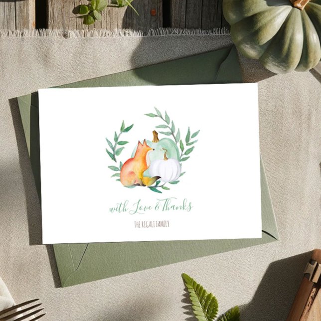 Grönt Fox Pumpkin Woodland Tack Inbjudningar (Thank you card watercolor woodland fox and pumpkins fall )