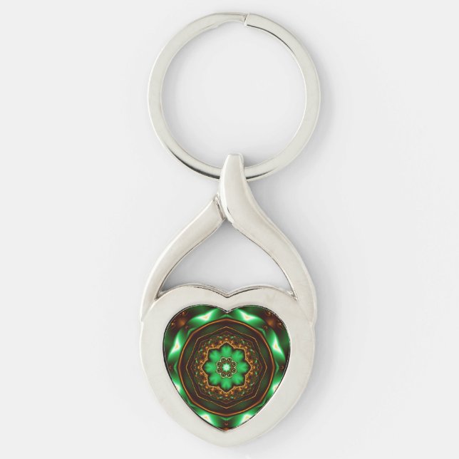 Grönt fractal's ornament twisted heart silverfärgad nyckelring (Framsidan)
