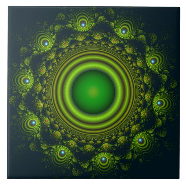 Grönt fraktal hypnotisk ornament kakelplatta (Framsidan)