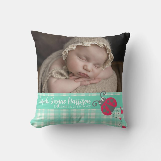 Grönt från den nyfödda presenten ladybug aqua kudde (Framsida)