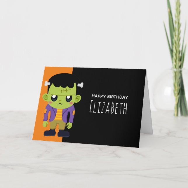 Grönt Frankenstein Monster Halloween Birthday Kort (Framsida)