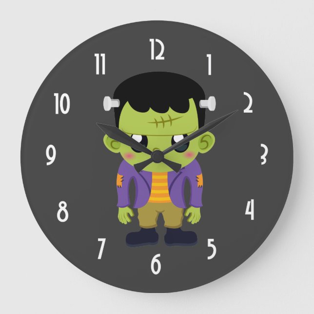 Grönt Frankenstein Monster Halloween Large Clock Stor Klocka (Framsida)