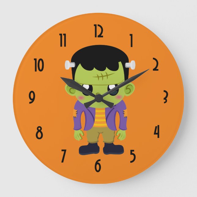 Grönt Frankenstein Monster Halloween Large Clock Stor Klocka (Framsida)