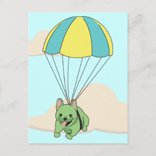 Grönt Fransk Bulldog Parbrella Roligt Postcard Vykort