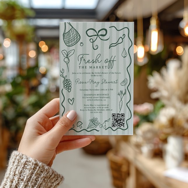 Grönt Fräscht Från Marknaden Handritat QR Bröllop Inbjudningar (Green Fresh Off the Market Hand Drawn QR Bridal Invitation)