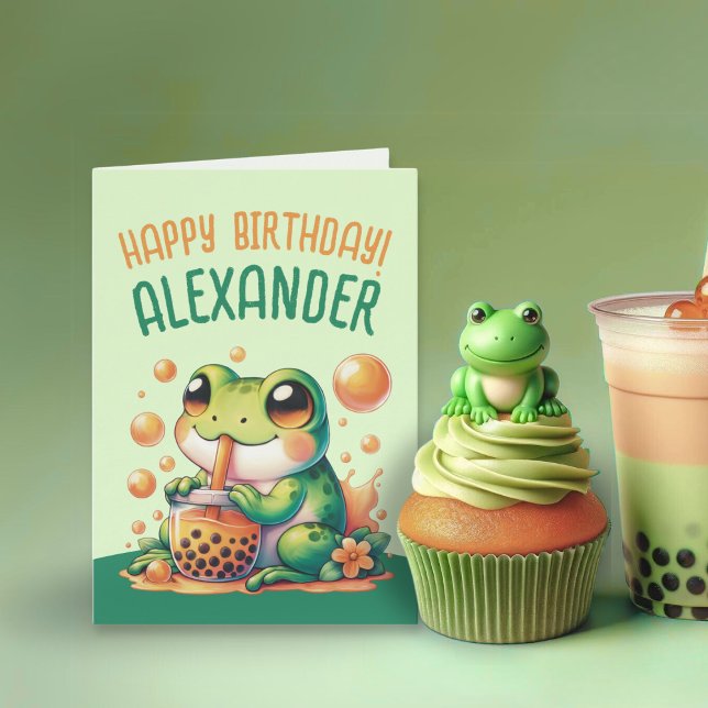 Grönt Frog and Orange Boba Bubble Tea Kort (Skapare uppladdad)