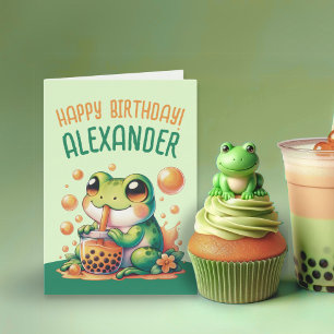 Grönt Frog and Orange Boba Bubble Tea Kort