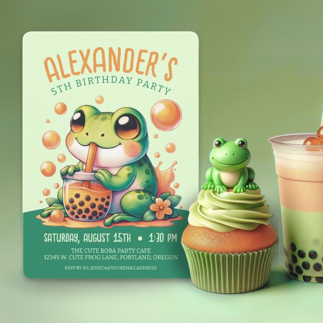 Grönt Frog and Orange Boba Bubble Tea Party Inbjudningar (Skapare uppladdad)