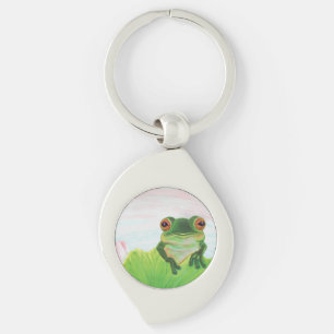 Grönt Frog bakom nyckelkedjan "lily pad metall" Swirl Silverfärgad Nyckelring