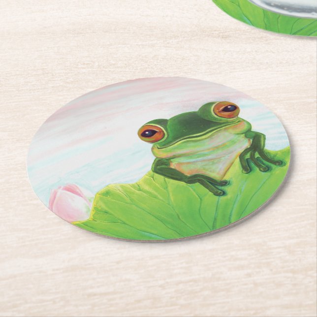 Grönt Frog bakom papper underlägg med lockplattan Rund (Vinklad)