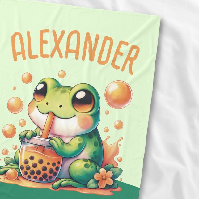 Grönt Frog Drinking Orange Boba Bubble Tea Fleecefilt (Skapare uppladdad)