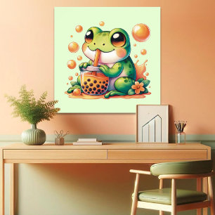 Grönt Frog Drinking Orange Boba Bubble Tea Poster