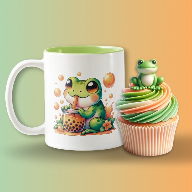 Grönt Frog Drinking Orange Boba Bubble Tea Två-Tonad Mugg (Skapare uppladdad)
