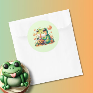 Grönt Frog Drinking Orange Boba Runt Klistermärke
