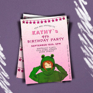 Grönt Frog Hoody Teckning Rosa Birthday Inbjudningar