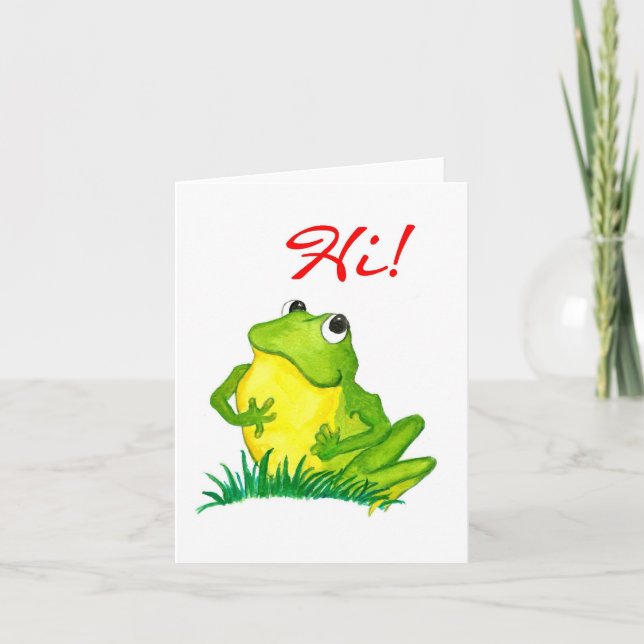 Grönt Frog Notecard sa "Hej!" Kort (Framsida)