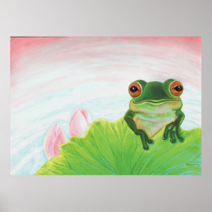 Grönt Frog Relaxing i dammen Poster
