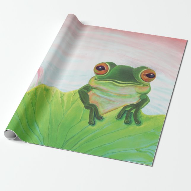 Grönt Frog Relaxing i dammen Presentpapper (Utrullad)