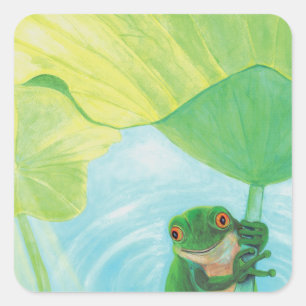 Grönt Frog under Lily Pad Fyrkantigt Klistermärke