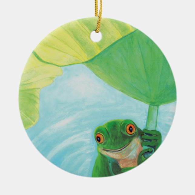 Grönt Frog under Lily Pad Julgransprydnad Keramik (Framsidan)