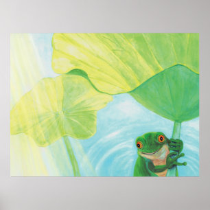 Grönt Frog under Lily Pad Poster
