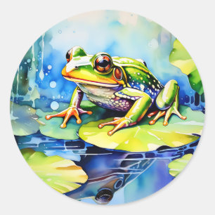 Grönt Frog Watercolor Runt Klistermärke