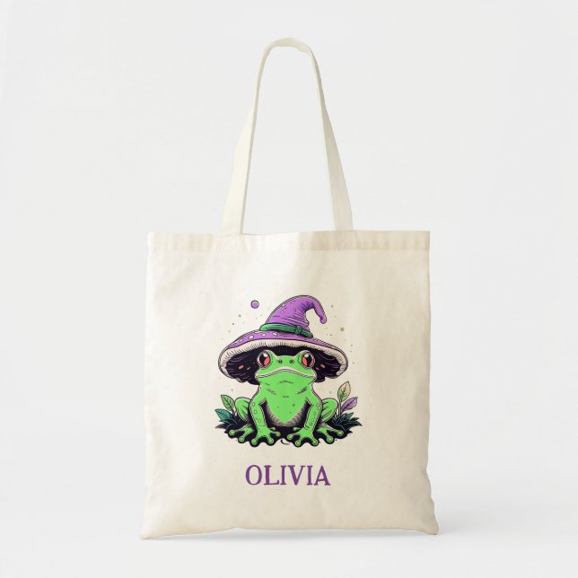 Grönt Frog Wear Lila Witch Hat Tygkasse (Framsidan)