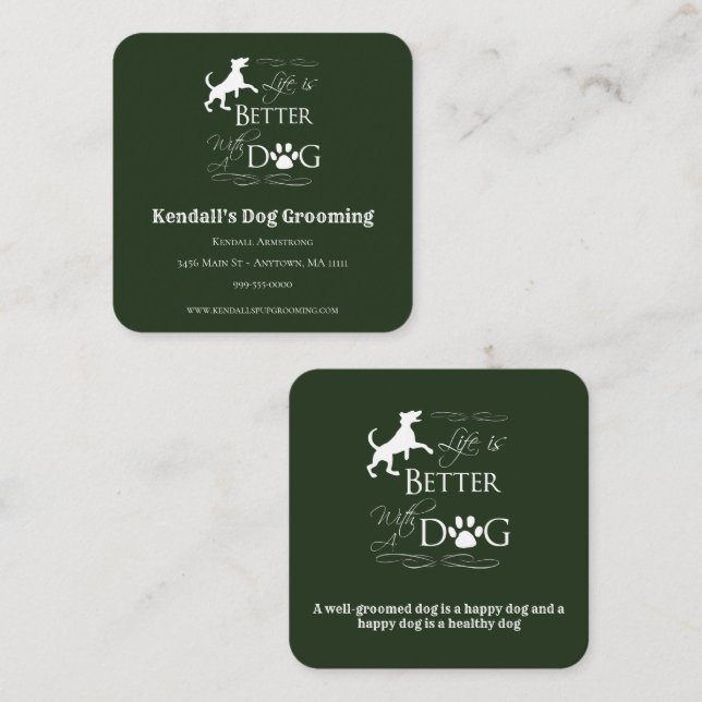 Grönt Funny Hund för offertgrooming Fyrkantigt Visitkort (Fram/baksida)