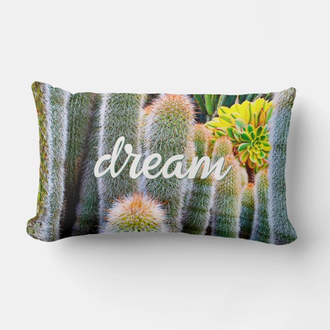 Grönt Fuzzy Cacti Photo Dream Quote-skript fet Lumbarkudde (Framsida)