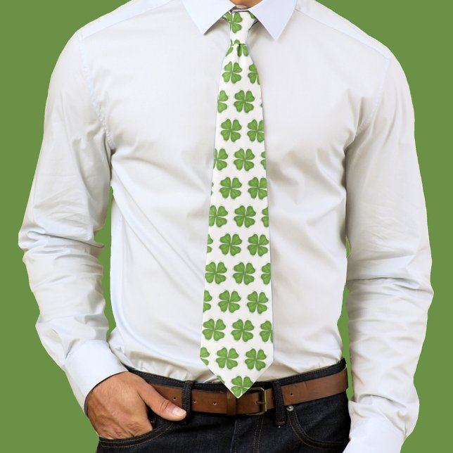 Grönt Fyrklövra Shamrock Mönster Slips (Four leaf clover pattern green and white mens tie. )