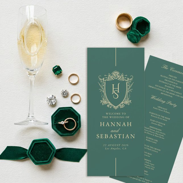 Grönt gammalt pengar vintage vapen Bröllopsprogram (Green Vintage  Old Money Wedding Program)